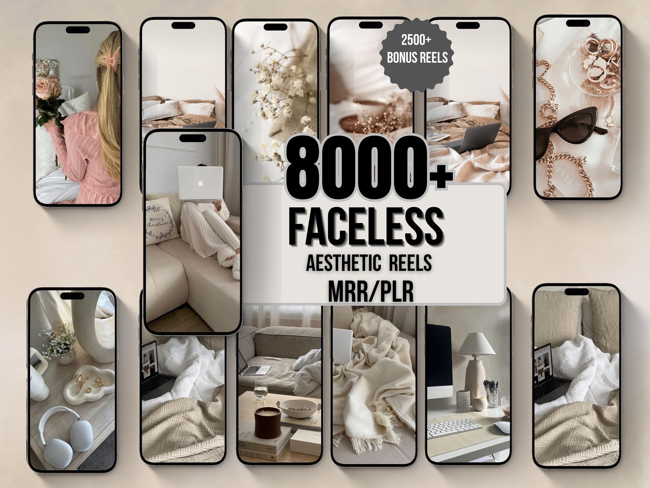 8 000 bobines sans visage | Vidéos virales esthétiques | Pack marketing numérique | Toile modifiable | DPP et MRR | Contenu de revenu passif